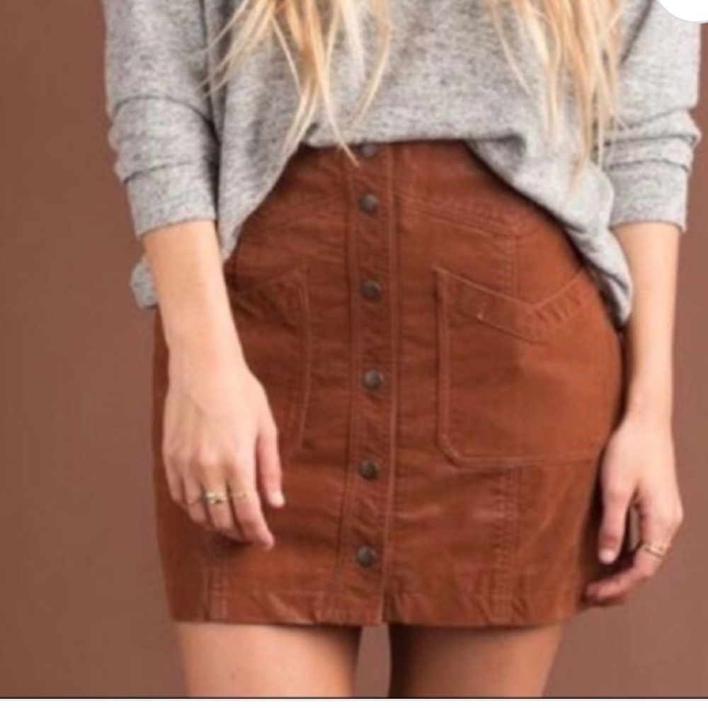 Free People‎ Vegan Leather Brown Button-Front Skirt